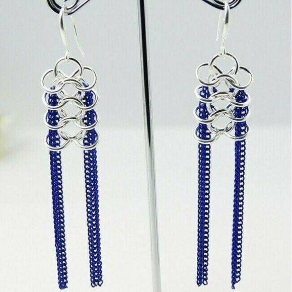 Handcrafted Long Shoulder Duster Metal Chain Earrings Silver Cobalt Blue - Picture 1 of 1
